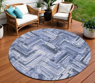 8' Navy Blue And Sky Blue Round Geometric Washable Indoor Outdoor Area Rug
