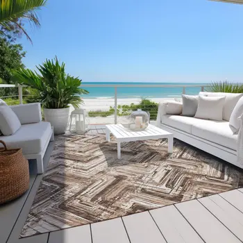 5' X 8' Brown Taupe And Tan Geometric Washable Indoor Outdoor Area Rug