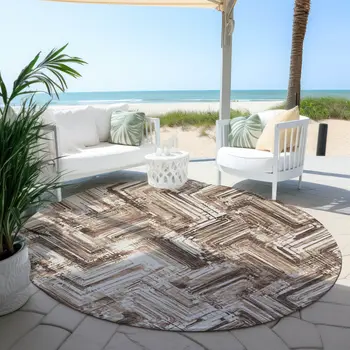8' Brown Taupe And Tan Round Geometric Washable Indoor Outdoor Area Rug