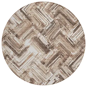 8' Brown Taupe And Tan Round Geometric Washable Indoor Outdoor Area Rug