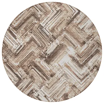 8' Brown Taupe And Tan Round Geometric Washable Indoor Outdoor Area Rug