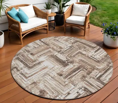 8' Brown Taupe And Tan Round Geometric Washable Indoor Outdoor Area Rug
