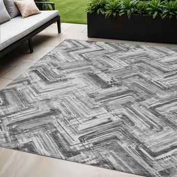 5' X 8' Gray Silver And Ivory Geometric Washable Indoor Outdoor Area Rug