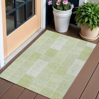 3' X 5' Green And Ivory Geometric Washable Indoor Outdoor Area Rug