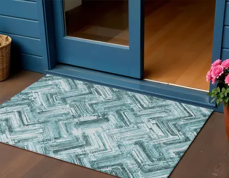 3' X 5' Teal Blue Aqua And Ivory Geometric Washable Indoor Outdoor Area Rug
