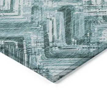 3' X 5' Teal Blue Aqua And Ivory Geometric Washable Indoor Outdoor Area Rug