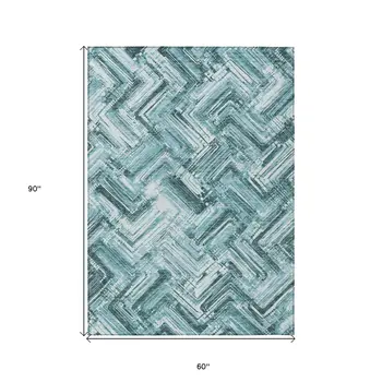 5' X 8' Teal Blue Aqua And Ivory Geometric Washable Indoor Outdoor Area Rug