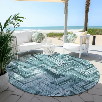 8' Teal Blue Aqua And Ivory Round Geometric Washable Indoor Outdoor Area Rug