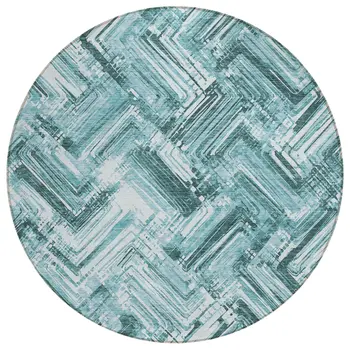 8' Teal Blue Aqua And Ivory Round Geometric Washable Indoor Outdoor Area Rug