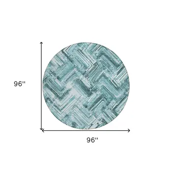 8' Teal Blue Aqua And Ivory Round Geometric Washable Indoor Outdoor Area Rug