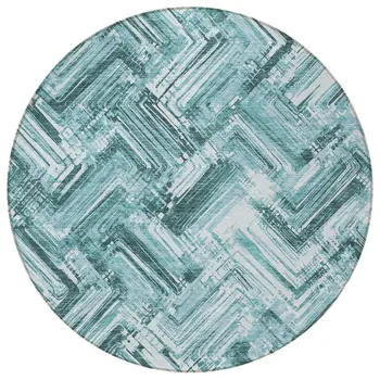 8' Teal Blue Aqua And Ivory Round Geometric Washable Indoor Outdoor Area Rug