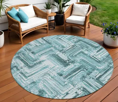 8' Teal Blue Aqua And Ivory Round Geometric Washable Indoor Outdoor Area Rug