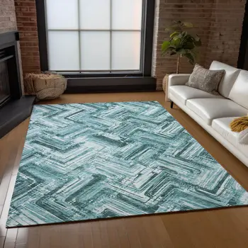 8' X 10' Teal Blue Aqua And Ivory Geometric Washable Indoor Outdoor Area Rug