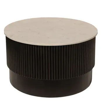 31" White And Dark Brown Genuine Marble And Solid Wood Round Drum Coffee Table