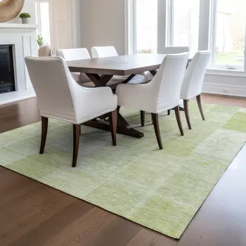 3' X 5' Artichoke Green And Ivory Patchwork Washable Indoor Outdoor Area Rug
