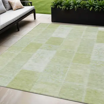5' X 8' Artichoke Green And Ivory Patchwork Washable Indoor Outdoor Area Rug