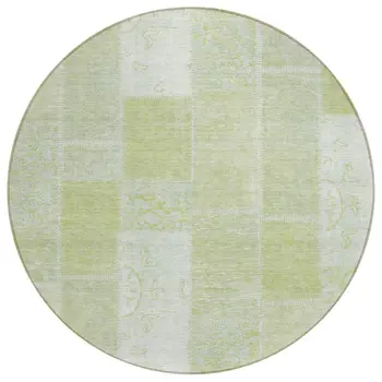 8' Artichoke Green And Ivory Round Patchwork Washable Indoor Outdoor Area Rug