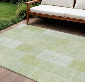 9' X 12' Artichoke Green And Ivory Patchwork Washable Indoor Outdoor Area Rug