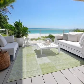 10' X 14' Artichoke Green And Ivory Patchwork Washable Indoor Outdoor Area Rug