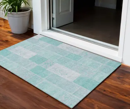 3' X 5' Aqua Teal Blue And Silver Patchwork Washable Indoor Outdoor Area Rug