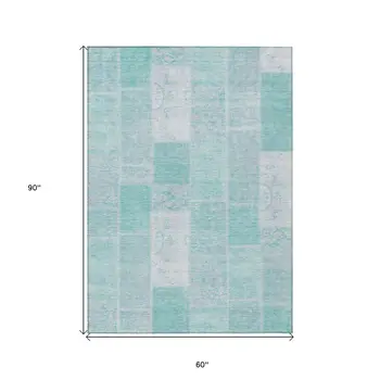 5' X 8' Aqua Teal Blue And Silver Patchwork Washable Indoor Outdoor Area Rug