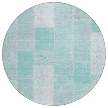 8' Aqua Teal Blue And Silver Round Patchwork Washable Indoor Outdoor Area Rug