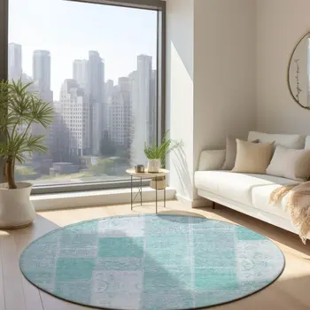 8' Aqua Teal Blue And Silver Round Patchwork Washable Indoor Outdoor Area Rug