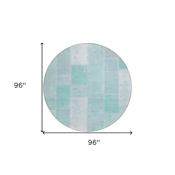 8' Aqua Teal Blue And Silver Round Patchwork Washable Indoor Outdoor Area Rug