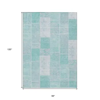 8' X 10' Aqua Teal Blue And Silver Patchwork Washable Indoor Outdoor Area Rug