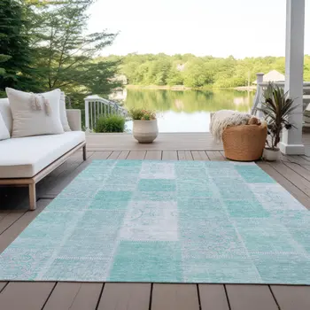 8' X 10' Aqua Teal Blue And Silver Patchwork Washable Indoor Outdoor Area Rug