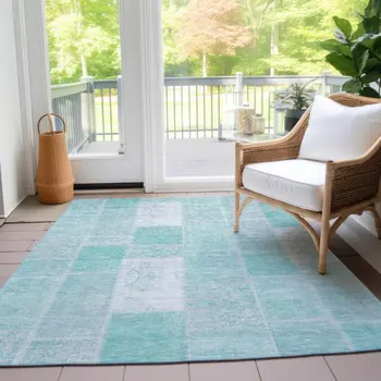 8' X 10' Aqua Teal Blue And Silver Patchwork Washable Indoor Outdoor Area Rug