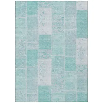 9' X 12' Aqua Teal Blue And Silver Patchwork Washable Indoor Outdoor Area Rug