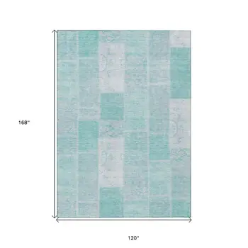 10' X 14' Aqua Teal Blue And Silver Patchwork Washable Indoor Outdoor Area Rug