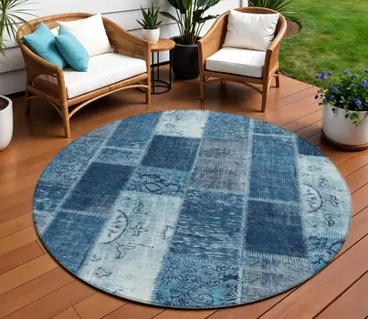 8' Navy Blue And Sky Blue Round Patchwork Washable Indoor Outdoor Area Rug