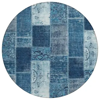 8' Navy Blue And Sky Blue Round Patchwork Washable Indoor Outdoor Area Rug
