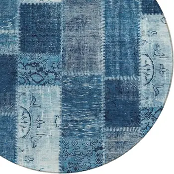 8' Navy Blue And Sky Blue Round Patchwork Washable Indoor Outdoor Area Rug