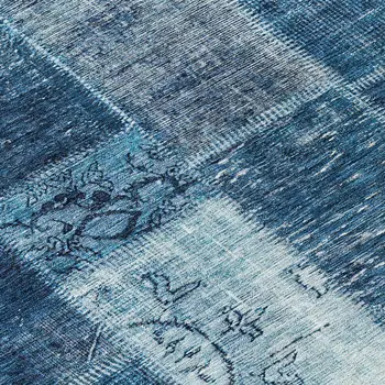 8' Navy Blue And Sky Blue Round Patchwork Washable Indoor Outdoor Area Rug