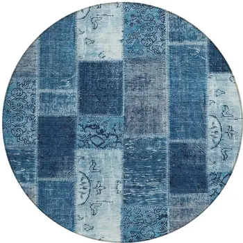 8' Navy Blue And Sky Blue Round Patchwork Washable Indoor Outdoor Area Rug
