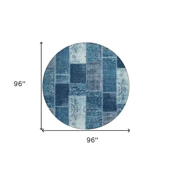 8' Navy Blue And Sky Blue Round Patchwork Washable Indoor Outdoor Area Rug