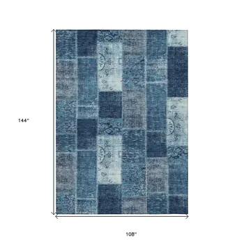9' X 12' Navy Blue And Sky Blue Patchwork Washable Indoor Outdoor Area Rug