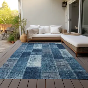 9' X 12' Navy Blue And Sky Blue Patchwork Washable Indoor Outdoor Area Rug