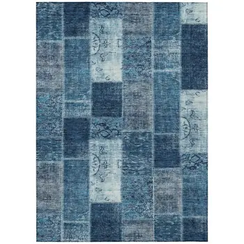 9' X 12' Navy Blue And Sky Blue Patchwork Washable Indoor Outdoor Area Rug
