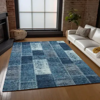 9' X 12' Navy Blue And Sky Blue Patchwork Washable Indoor Outdoor Area Rug