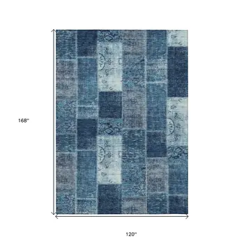 10' X 14' Navy Blue And Sky Blue Patchwork Washable Indoor Outdoor Area Rug