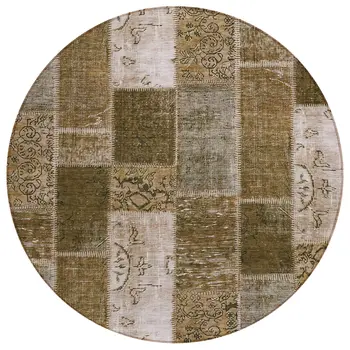 8' Brown And Ivory Round Patchwork Washable Indoor Outdoor Area Rug