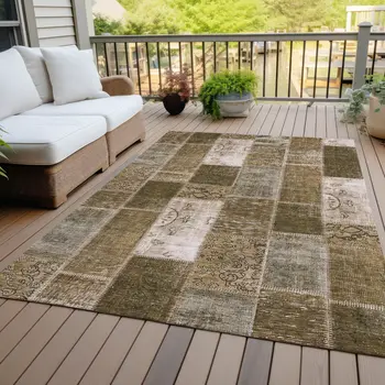 8' X 10' Brown And Ivory Patchwork Washable Indoor Outdoor Area Rug
