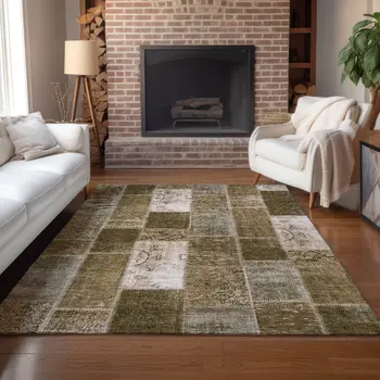 8' X 10' Brown And Ivory Patchwork Washable Indoor Outdoor Area Rug