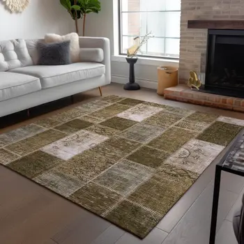 8' X 10' Brown And Ivory Patchwork Washable Indoor Outdoor Area Rug