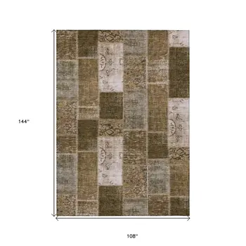 9' X 12' Brown And Ivory Patchwork Washable Indoor Outdoor Area Rug