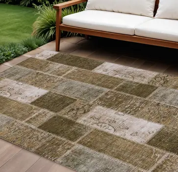 10' X 14' Brown And Ivory Patchwork Washable Indoor Outdoor Area Rug